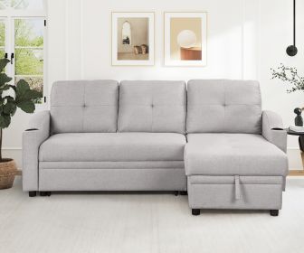 Pull Out Sofa Bed Modern Padded Upholstered Sofa Bed ; Linen Fabric 3 Seater Couch with Storage Chaise and Cup Holder ; Small Couch for Small Spaces (Color: Gray)