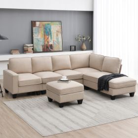 104.3*78.7" Modern L-shaped Sectional Sofa,7-seat Linen Fabric Couch Set with Chaise Lounge and Convertible Ottoman for Living Room,Apartment,Office,3 (Color: Khaki)