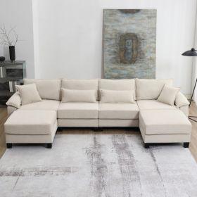 133*65" Corduroy Modular Sectional Sofa,U Shaped Couch with Armrest Bags,6 Seat Freely Combinable Sofa Bed,Comfortable and Spacious Indoor Furniture f (Color: Beige)