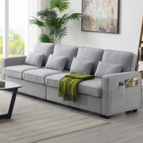 [VIDEO provided] [New] 104" 4-Seater Modern Linen Fabric Sofa with Armrest Pockets and 4 Pillows,Minimalist Style Couch for Living Room, Apartment, Of (Color: as Pic)