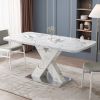 Modern Square Dining Table;  Stretchable;  Printed Black/white Marble +MDF X-Shape Table Leg with Metal Base