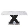 Modern Square Dining Table;  Stretchable;  Printed Black/white Marble +MDF X-Shape Table Leg with Metal Base