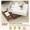 ON-TREND Multi-functional Square 360¬∞Rotating Coffee Table with 2 Drawers, High Gloss 2-Tier Center Table with Swivel Tabletop and Storage, Walnut Ta