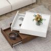 ON-TREND Multi-functional Square 360¬∞Rotating Coffee Table with 2 Drawers, High Gloss 2-Tier Center Table with Swivel Tabletop and Storage, Walnut Ta