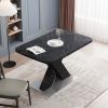 Modern Square Dining Table;  Stretchable;  Printed Black/white Marble +MDF X-Shape Table Leg with Metal Base