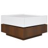 ON-TREND Multi-functional Square 360¬∞Rotating Coffee Table with 2 Drawers, High Gloss 2-Tier Center Table with Swivel Tabletop and Storage, Walnut Ta